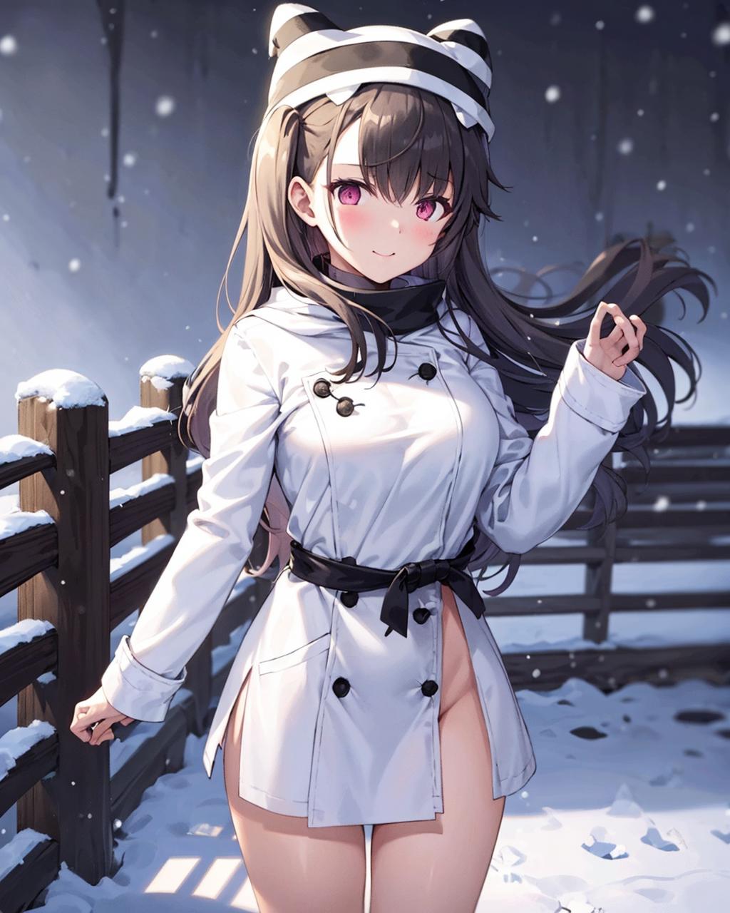 pen illustration sketch anime girl with long hair and a winter jacket that  is open and half-shot